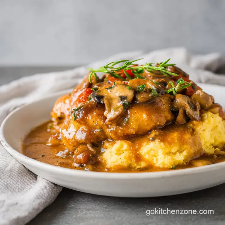 Plated smothered chicken: juicy thigh with silky gravy cascade, atop creamy mashed potatoes with vibrant parsley sprig.