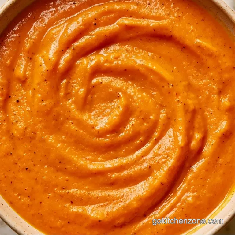 Velvety orange puree in a minimalist white bowl with a delicate cream swirl and micro-greens on a linen cloth.