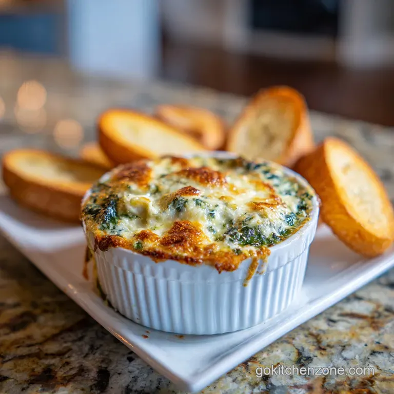 Scoops of warm, creamy spinach artichoke dip on toasted baguette slices, garnished with a sprinkle of red pepper flakes.