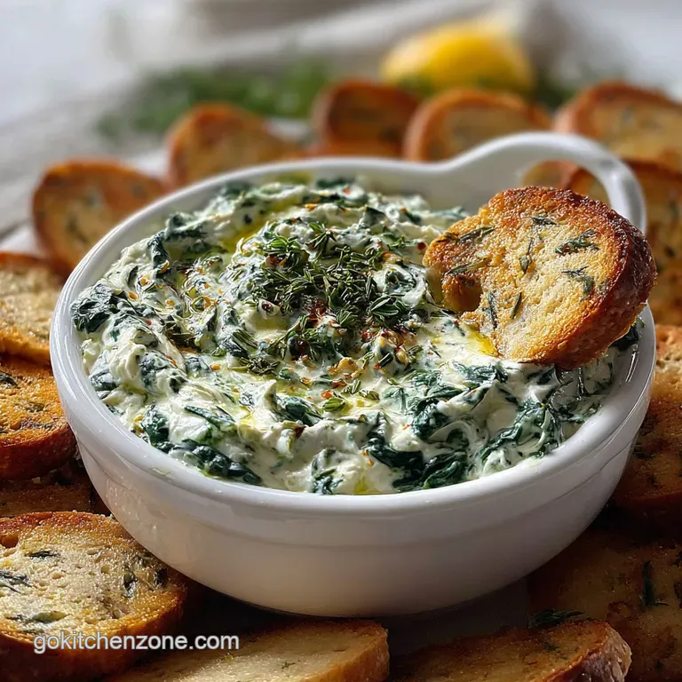 Elegant spinach dip ramekin, golden crust with herbs, creamy center, served with toasted baguette slices on a marble board.