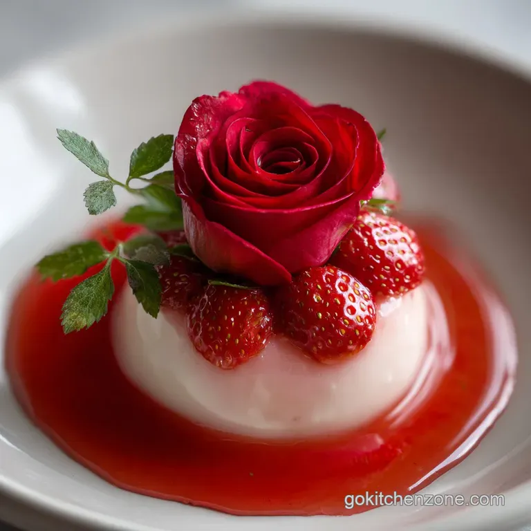 Elegant plate featuring three glistening strawberry roses, artfully arranged, with a dusting of powdered sugar.