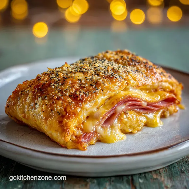 Warm stromboli slice on a plate; the flaky crust glistens, filled with melted cheese and savory cured meats.
