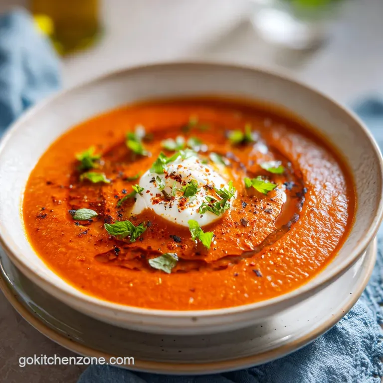 Stuffed pepper soup in a white bowl, garnished with fresh herbs. Steam rises, hinting at its warmth and inviting flavor.