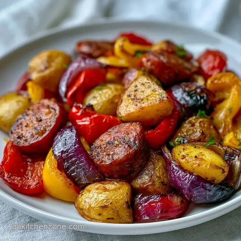 Slices of seared sausage nestled among vibrant roasted peppers and zucchini on a clean, modern white platter.
