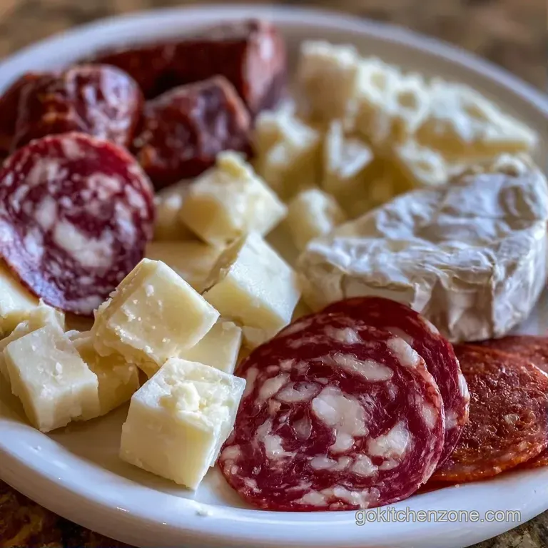 Artfully arranged cured meats and aged cheeses on a dark slate board with clusters of juicy deep purple grapes.