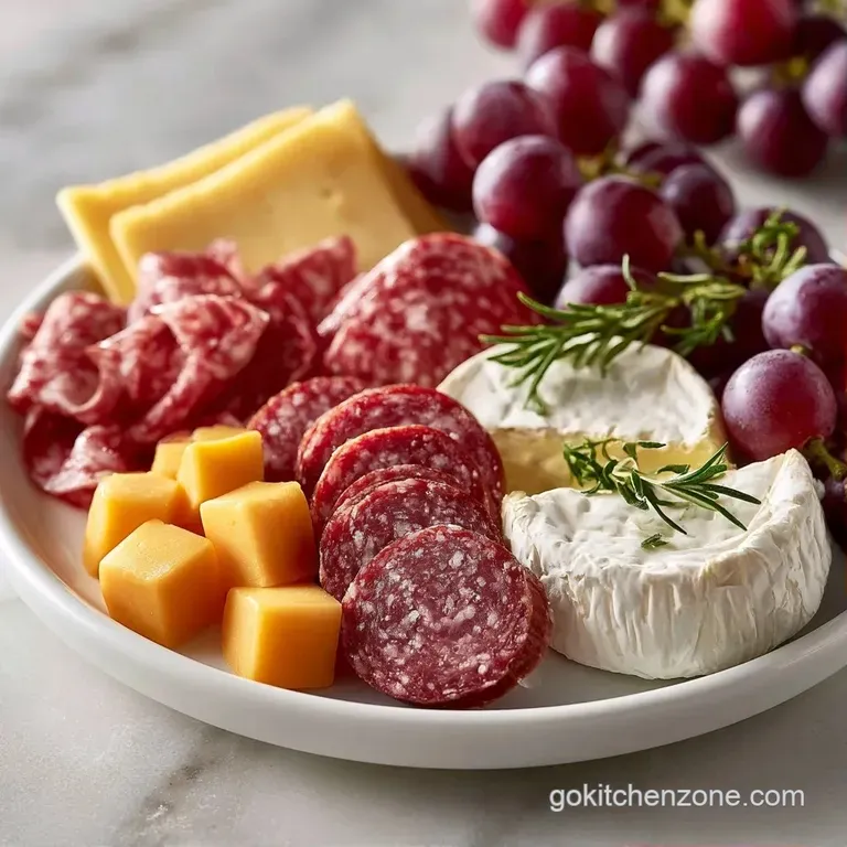Artfully arranged platter of cured meats, cubed white cheese, and golden crackers accented by fresh green grapes.
