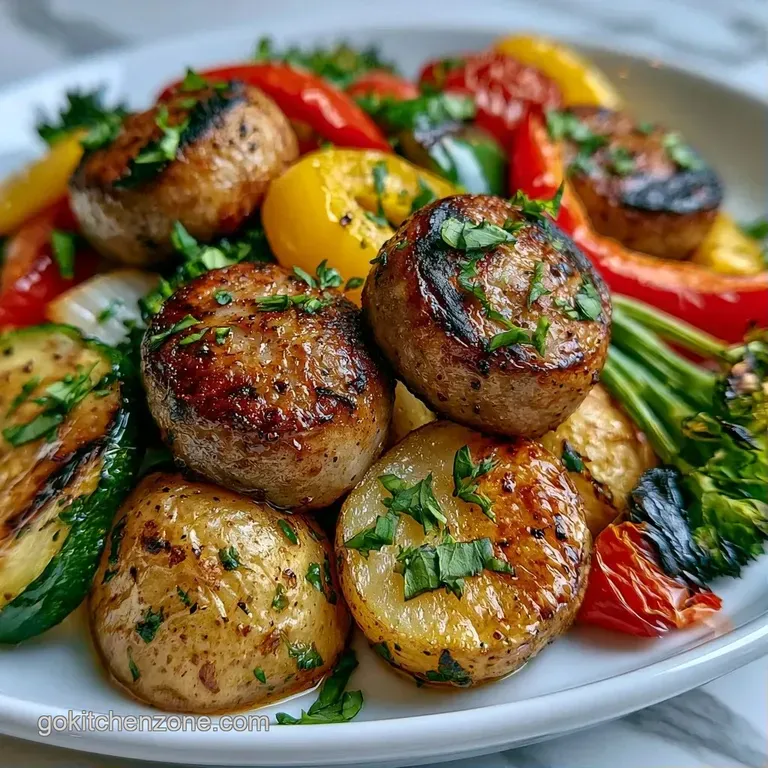 Charred sausage rounds and tender, colorful garden vegetables arranged artfully on a white ceramic platter.