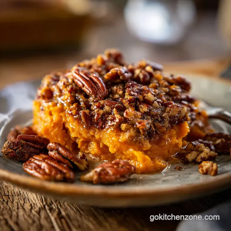 Scoop of warm sweet potato casserole with a fluffy, browned marshmallow topping, garnished with pecans and a sprig of fres...