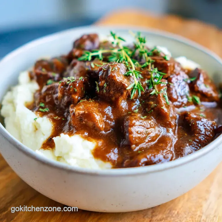 Tender beef tips and gravy artfully drizzled over fluffy mashed potatoes, garnished with fresh herbs in a white bowl.