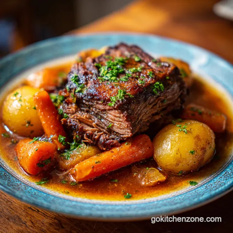 Tender slices of browned pot roast artfully arranged with glazed carrots and creamy potatoes, drizzled with savory pan jui...