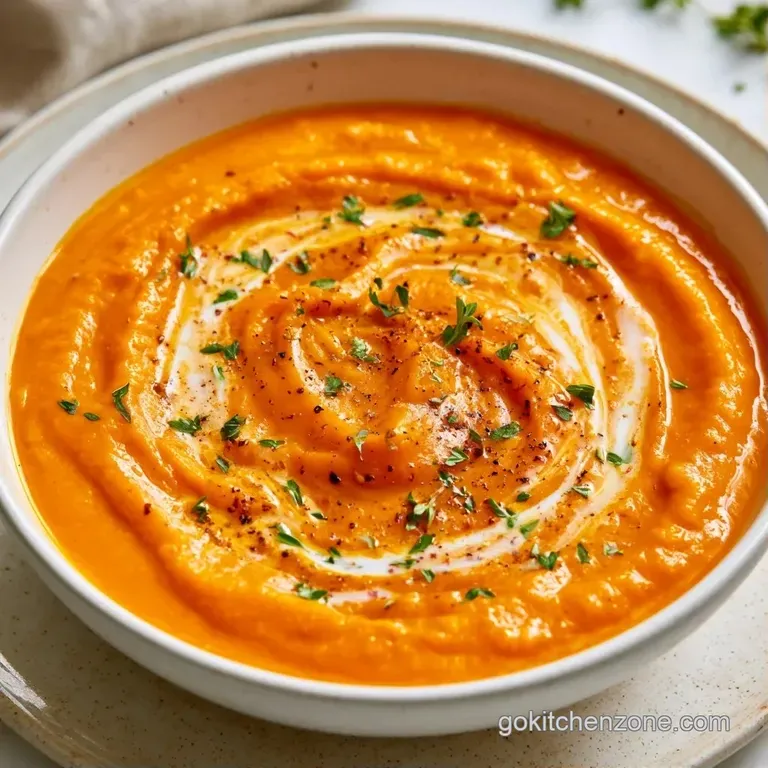Vibrant orange soup in a white ceramic bowl garnished with toasted pumpkin seeds and a drizzle of red chili oil.