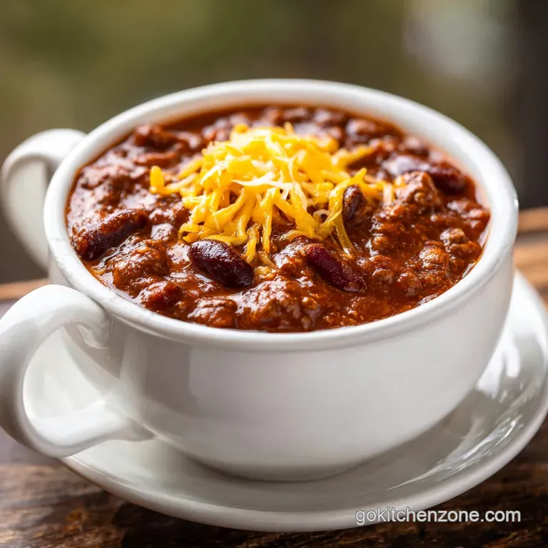Chili served in a rustic bowl, steam rising, garnished with red onion, lime wedge, and vibrant cilantro sprigs.