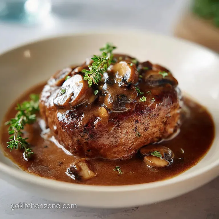 A perfectly seared Salisbury steak sits beside fluffy mashed potatoes, drizzled with glossy brown gravy.