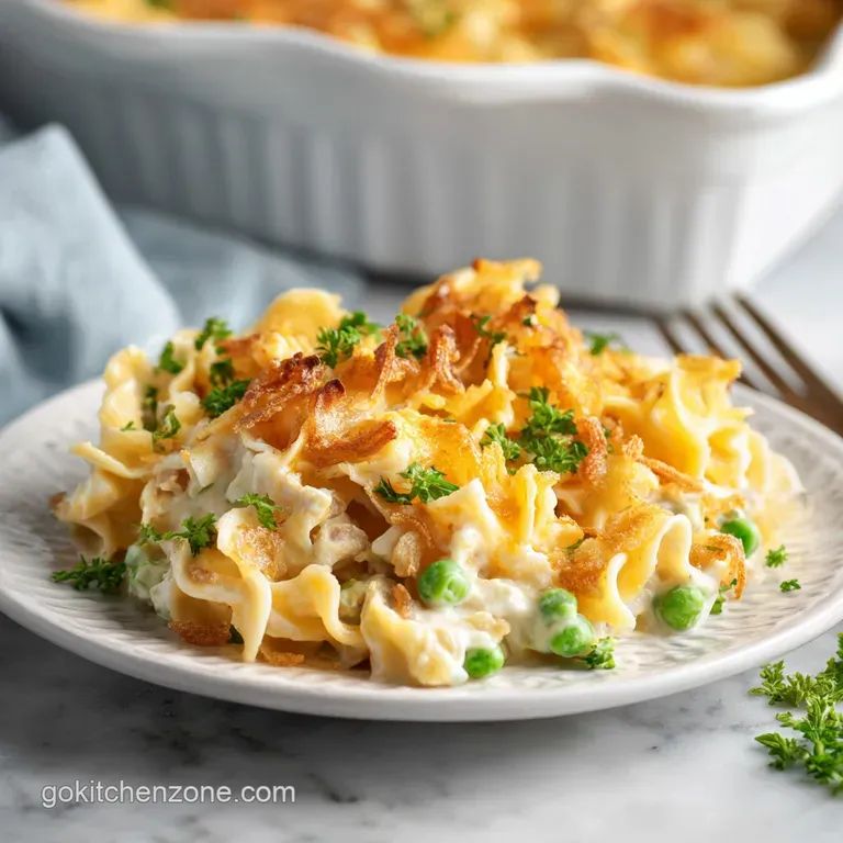 A spoonful of steaming tuna casserole lifted, showcasing the creamy sauce, tender noodles, flaky tuna, and crisp, golden-b...