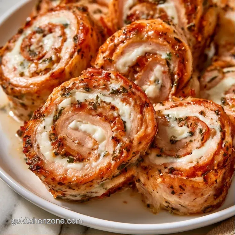 Golden-brown melted cheese spirals wrapped in thin turkey, served with fresh parsley on a modern slate board.