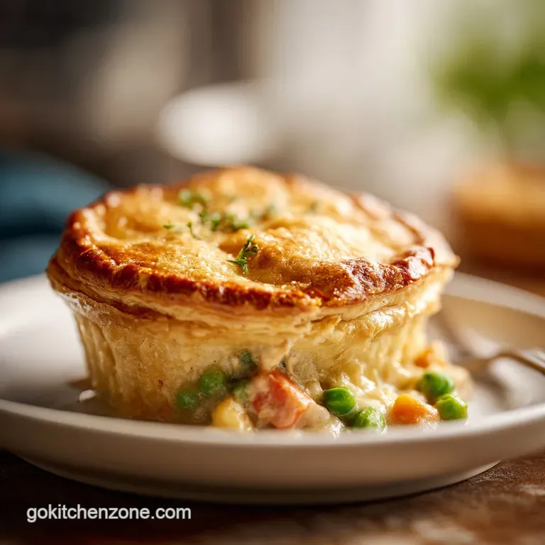 Elegantly plated pot pie slice with visible chunks of turkey and colorful vegetables nestled in a creamy, rich sauce. Gold...