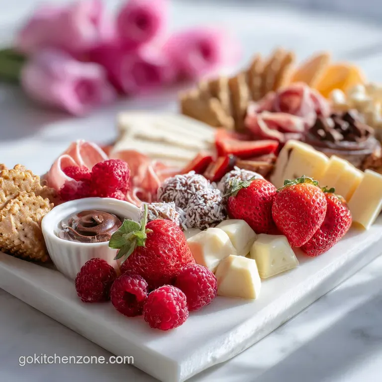 Elegant platter showcasing rosy prosciutto roses, ruby-red strawberries, and creamy brie hearts, ready to be shared.