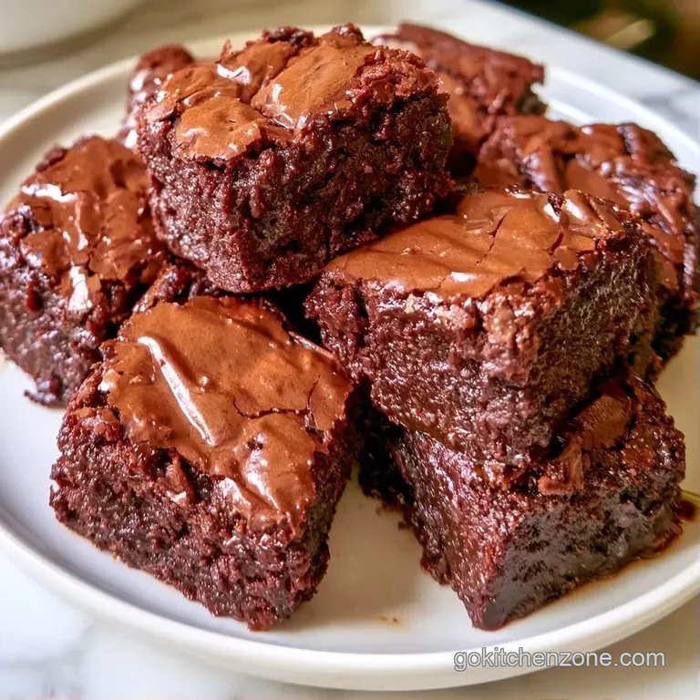A stack of moist chocolate squares dusted with powdered sugar, served on a white ceramic plate with fresh raspberries.