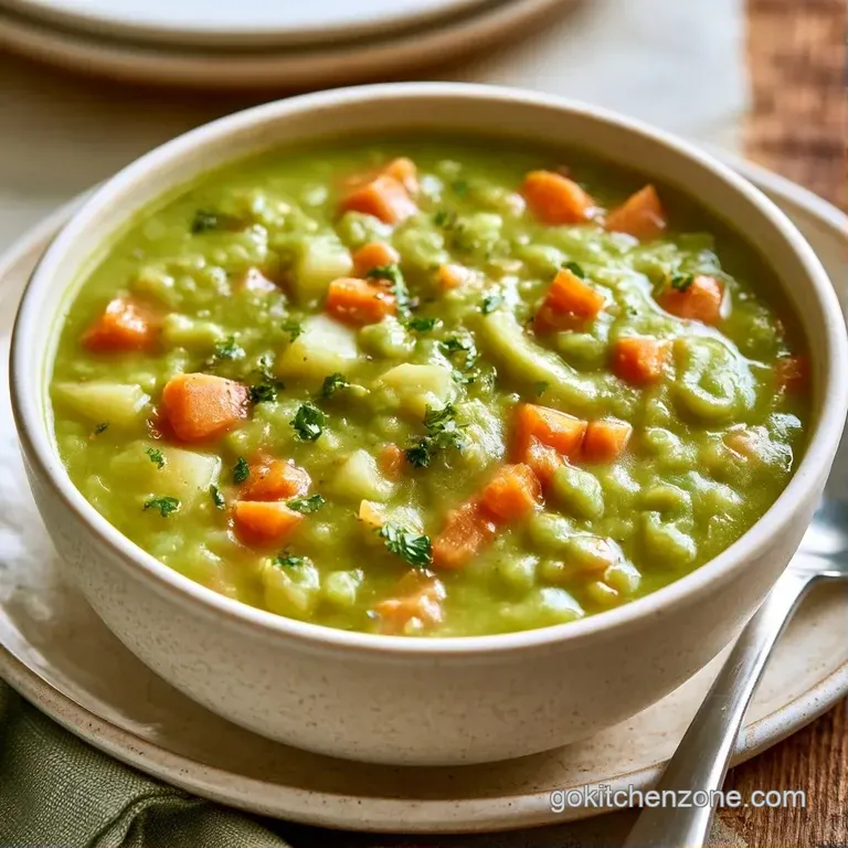 Smooth green puree in a white bowl, garnished with a swirl of cream and fresh parsley on a linen napkin.