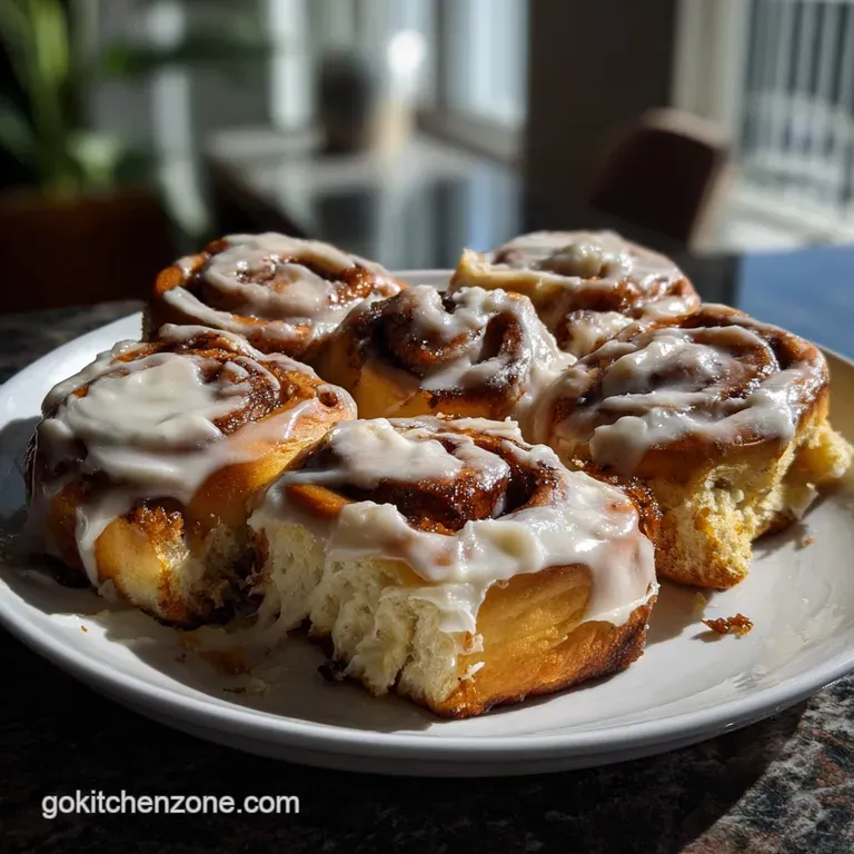 Three frosted cinnamon rolls artfully arranged on a white ceramic plate, with a scattering of cinnamon sugar and a delicat...