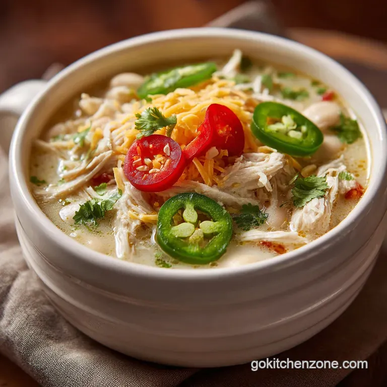 Ladle of rich, white chili with shredded chicken, swirling with cream; topped with vibrant green cilantro and a wedge of l...