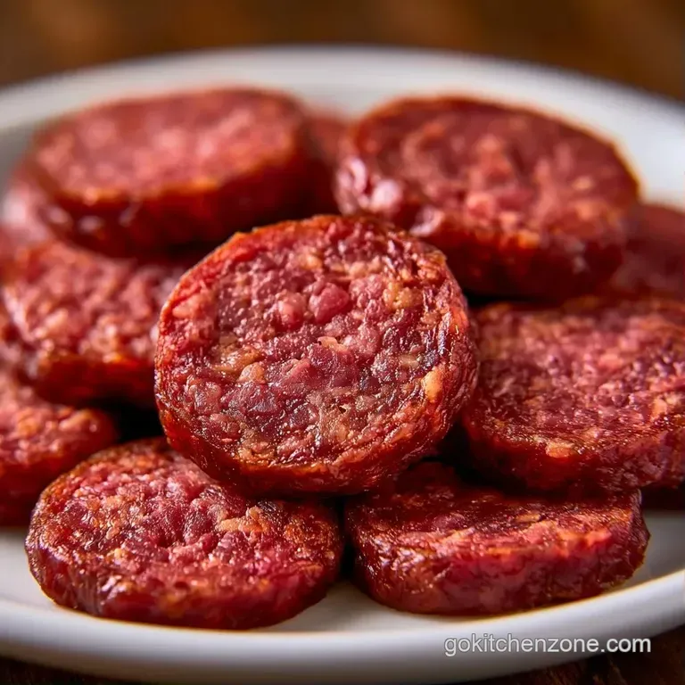 Circular slices of dark red cured meat paired with cornichons and grainy mustard on a slate serving board.