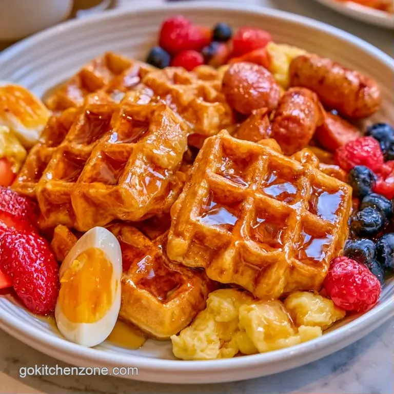 Organized meal prep box featuring fluffy waffles, vibrant red strawberries, blueberries, and creamy white yogurt.
