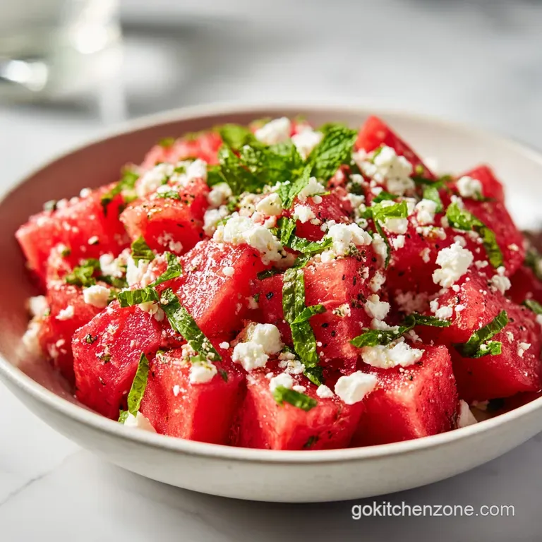 A single, elegant bowl showcases cubed watermelon, crumbled feta, and delicate green mint sprigs, artfully arranged.