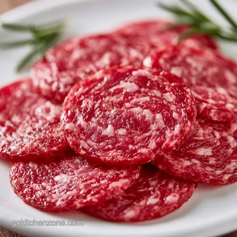 Reddish-brown meat rounds artfully arranged on a wooden board with creamy brie, walnuts, and honey-gold crackers.