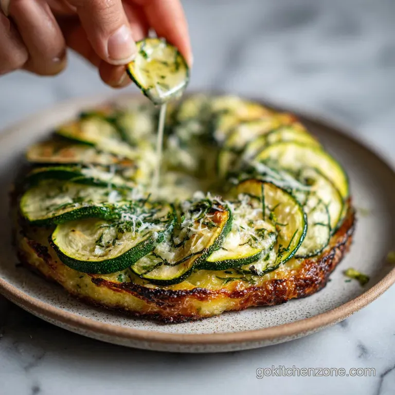Individual zucchini pizza with bubbly, browned cheese, vibrant red tomatoes and green basil arranged on a white plate.