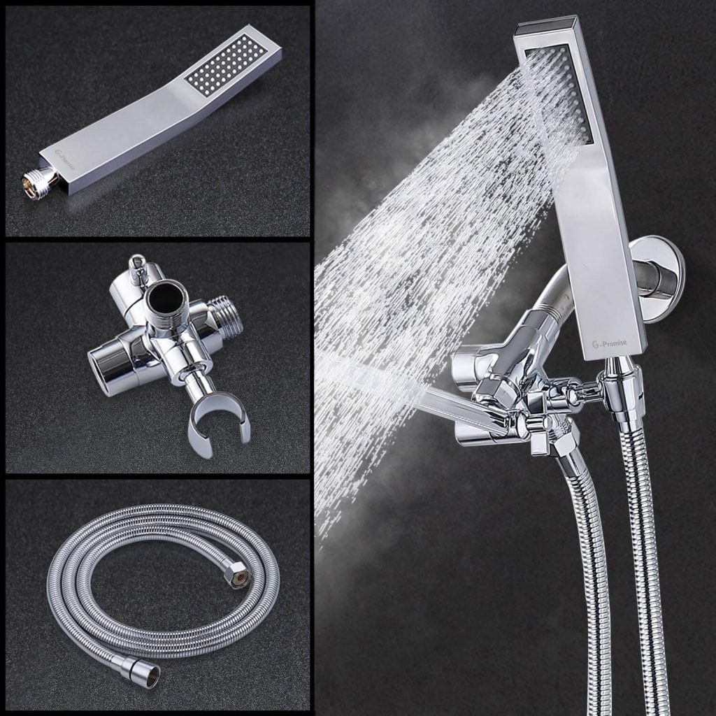 G-Promise All Metal Dual Square Rain Shower Head Combo Write a short evry line 5 words pros and cons